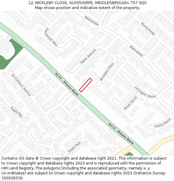 12, MICKLEBY CLOSE, NUNTHORPE, MIDDLESBROUGH, TS7 0QX: Location map and indicative extent of plot