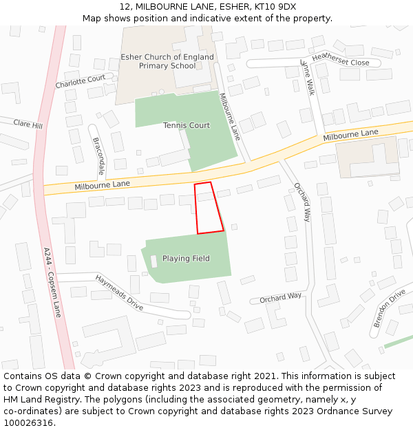 12, MILBOURNE LANE, ESHER, KT10 9DX: Location map and indicative extent of plot