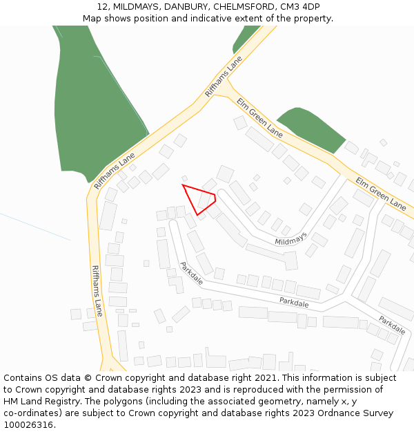 12, MILDMAYS, DANBURY, CHELMSFORD, CM3 4DP: Location map and indicative extent of plot