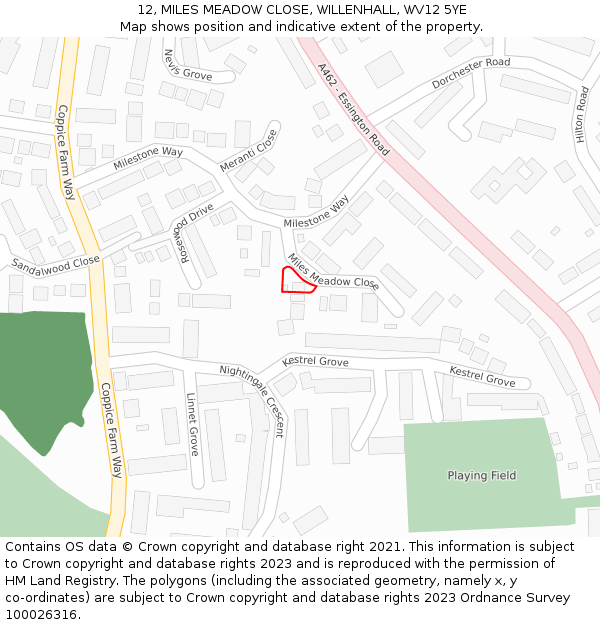 12, MILES MEADOW CLOSE, WILLENHALL, WV12 5YE: Location map and indicative extent of plot