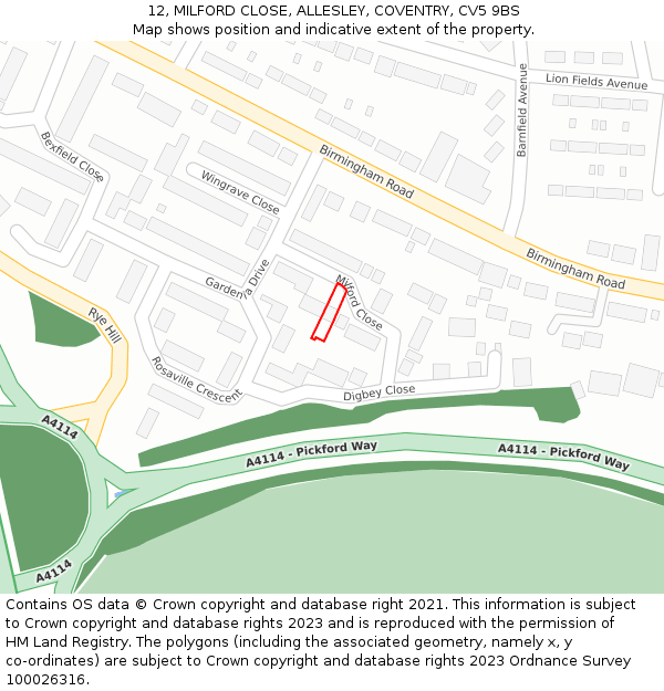 12, MILFORD CLOSE, ALLESLEY, COVENTRY, CV5 9BS: Location map and indicative extent of plot