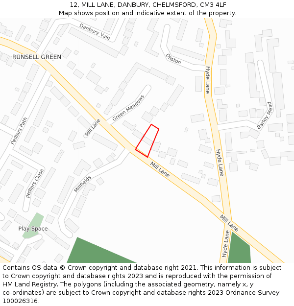 12, MILL LANE, DANBURY, CHELMSFORD, CM3 4LF: Location map and indicative extent of plot