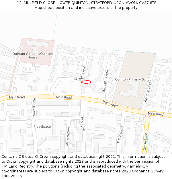 12, MILLFIELD CLOSE, LOWER QUINTON, STRATFORD-UPON-AVON, CV37 8TF: Location map and indicative extent of plot