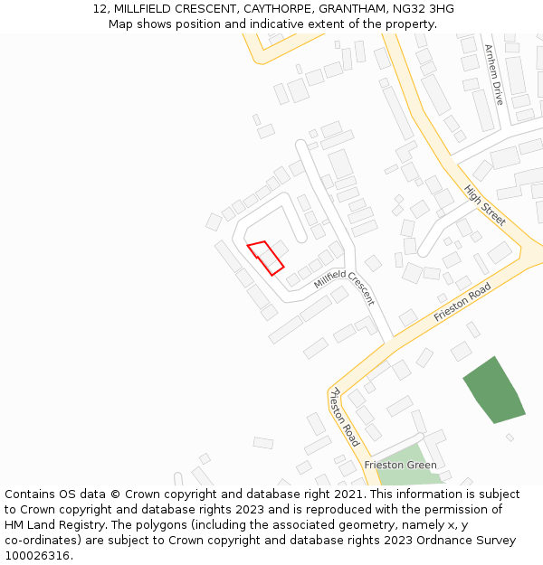 12, MILLFIELD CRESCENT, CAYTHORPE, GRANTHAM, NG32 3HG: Location map and indicative extent of plot