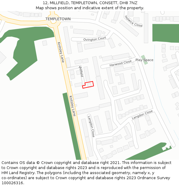 12, MILLFIELD, TEMPLETOWN, CONSETT, DH8 7NZ: Location map and indicative extent of plot