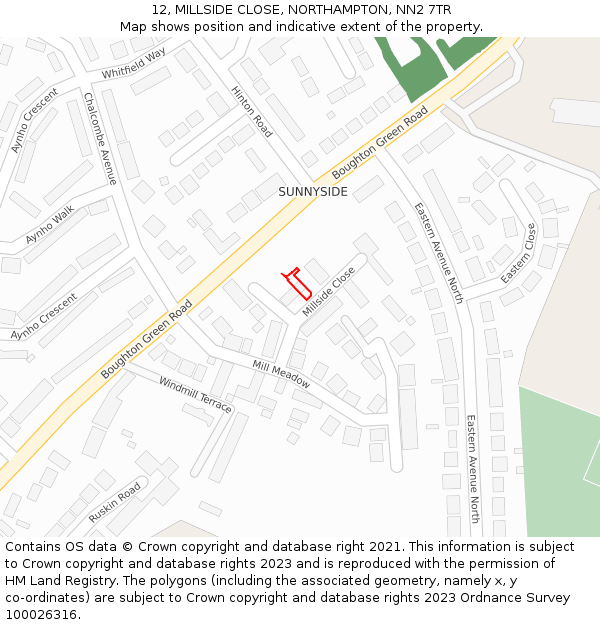 12, MILLSIDE CLOSE, NORTHAMPTON, NN2 7TR: Location map and indicative extent of plot