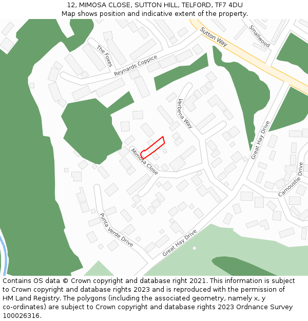 12, MIMOSA CLOSE, SUTTON HILL, TELFORD, TF7 4DU: Location map and indicative extent of plot