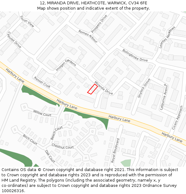 12, MIRANDA DRIVE, HEATHCOTE, WARWICK, CV34 6FE: Location map and indicative extent of plot