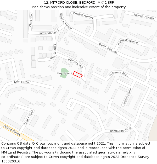 12, MITFORD CLOSE, BEDFORD, MK41 8RF: Location map and indicative extent of plot