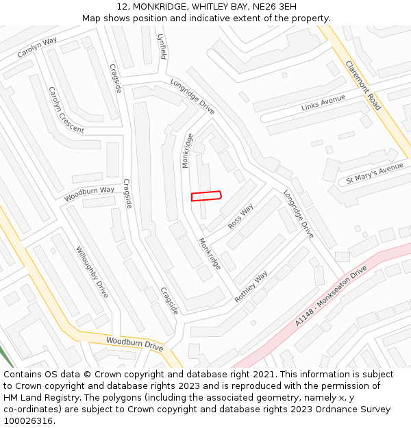 12, MONKRIDGE, WHITLEY BAY, NE26 3EH: Location map and indicative extent of plot