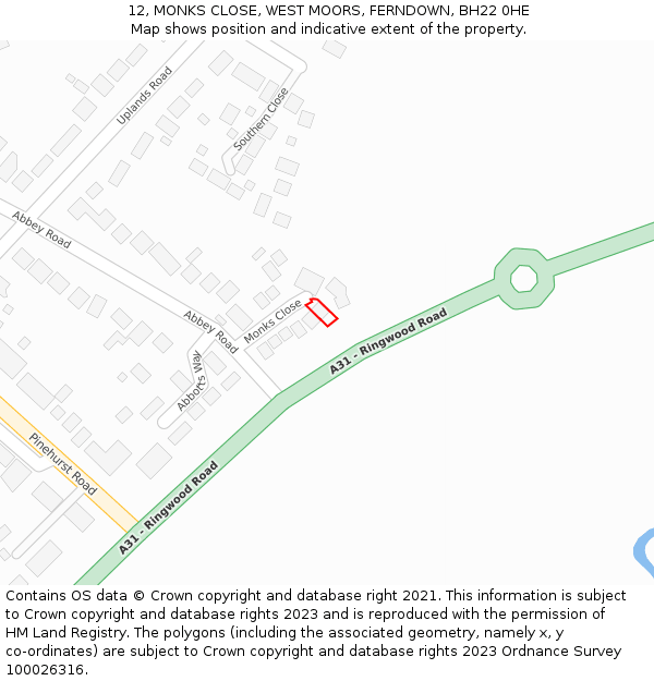 12, MONKS CLOSE, WEST MOORS, FERNDOWN, BH22 0HE: Location map and indicative extent of plot