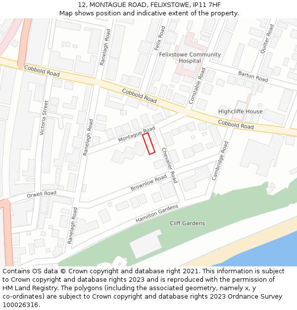12, MONTAGUE ROAD, FELIXSTOWE, IP11 7HF: Location map and indicative extent of plot
