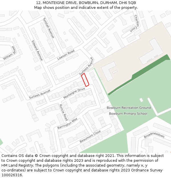12, MONTEIGNE DRIVE, BOWBURN, DURHAM, DH6 5QB: Location map and indicative extent of plot