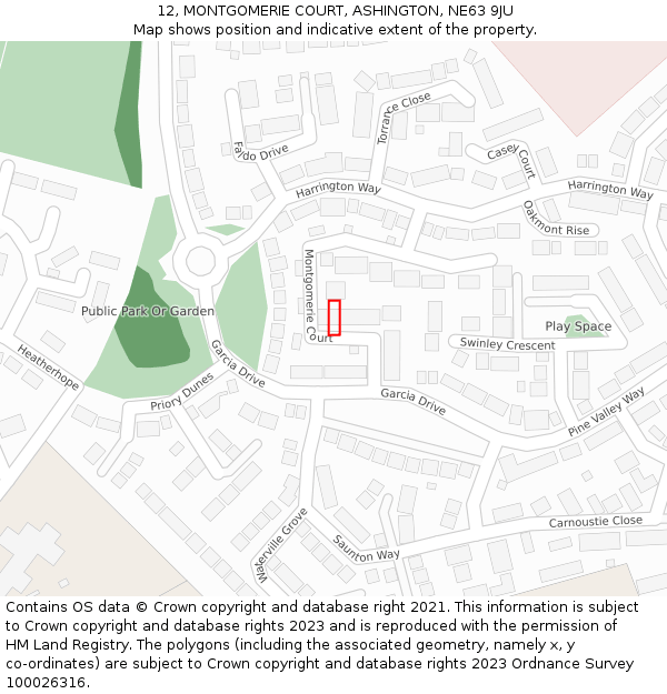 12, MONTGOMERIE COURT, ASHINGTON, NE63 9JU: Location map and indicative extent of plot