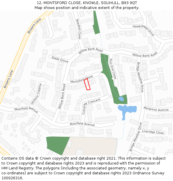 12, MONTSFORD CLOSE, KNOWLE, SOLIHULL, B93 9QT: Location map and indicative extent of plot