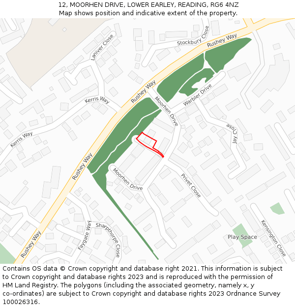 12, MOORHEN DRIVE, LOWER EARLEY, READING, RG6 4NZ: Location map and indicative extent of plot