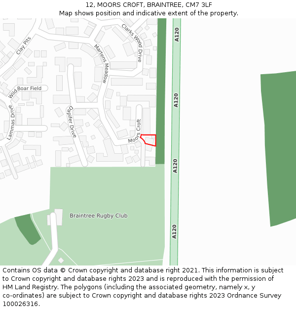 12, MOORS CROFT, BRAINTREE, CM7 3LF: Location map and indicative extent of plot