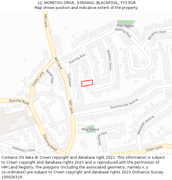 12, MORETON DRIVE, STAINING, BLACKPOOL, FY3 0DR: Location map and indicative extent of plot