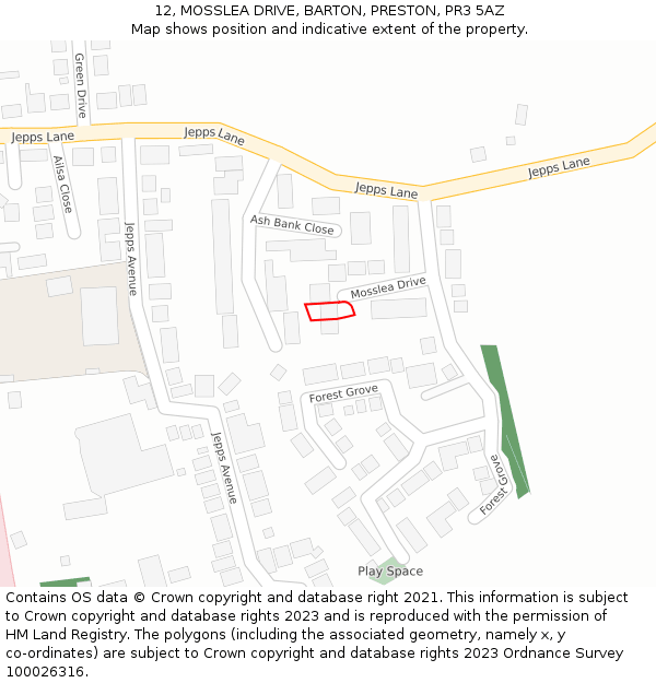 12, MOSSLEA DRIVE, BARTON, PRESTON, PR3 5AZ: Location map and indicative extent of plot