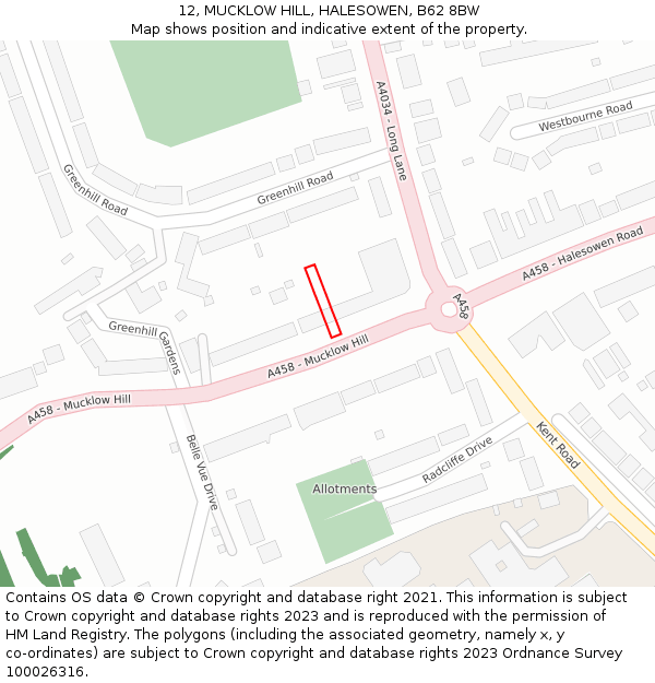 12, MUCKLOW HILL, HALESOWEN, B62 8BW: Location map and indicative extent of plot