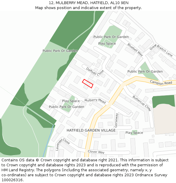 12, MULBERRY MEAD, HATFIELD, AL10 9EN: Location map and indicative extent of plot