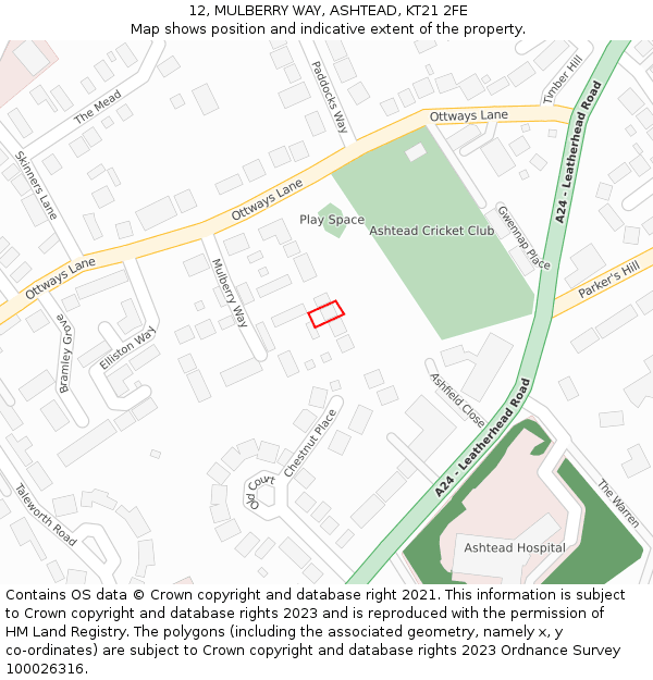 12, MULBERRY WAY, ASHTEAD, KT21 2FE: Location map and indicative extent of plot