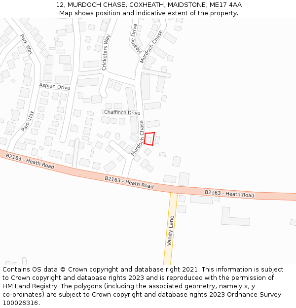 12, MURDOCH CHASE, COXHEATH, MAIDSTONE, ME17 4AA: Location map and indicative extent of plot