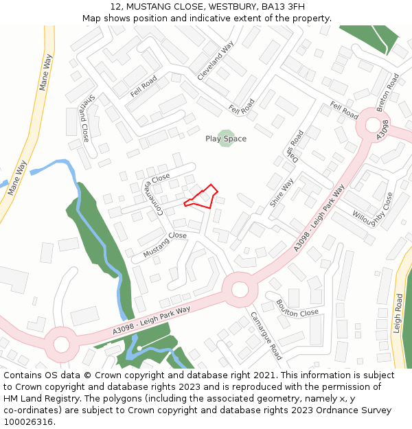 12, MUSTANG CLOSE, WESTBURY, BA13 3FH: Location map and indicative extent of plot