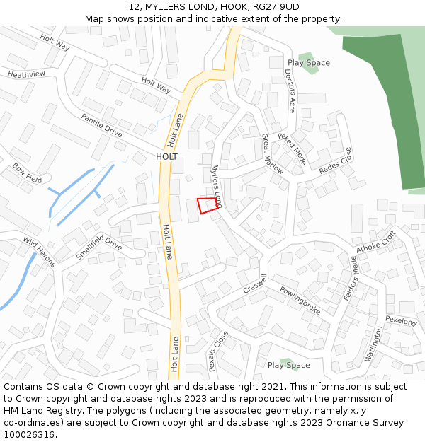 12, MYLLERS LOND, HOOK, RG27 9UD: Location map and indicative extent of plot