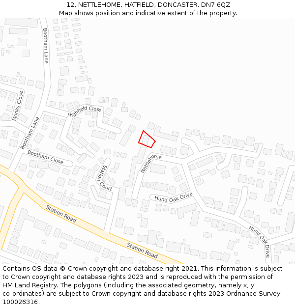 12, NETTLEHOME, HATFIELD, DONCASTER, DN7 6QZ: Location map and indicative extent of plot