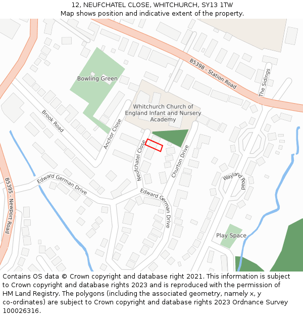 12, NEUFCHATEL CLOSE, WHITCHURCH, SY13 1TW: Location map and indicative extent of plot