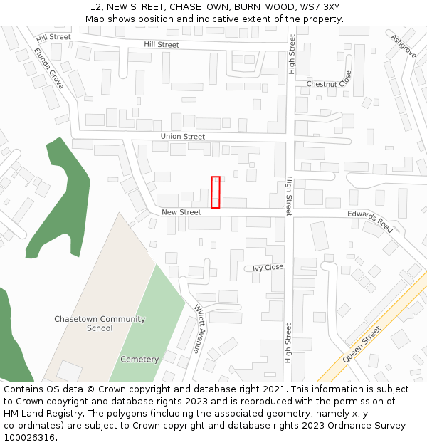 12, NEW STREET, CHASETOWN, BURNTWOOD, WS7 3XY: Location map and indicative extent of plot