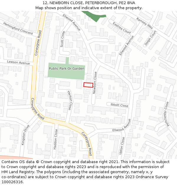 12, NEWBORN CLOSE, PETERBOROUGH, PE2 8NA: Location map and indicative extent of plot