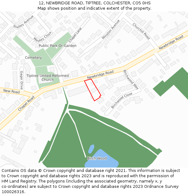 12, NEWBRIDGE ROAD, TIPTREE, COLCHESTER, CO5 0HS: Location map and indicative extent of plot