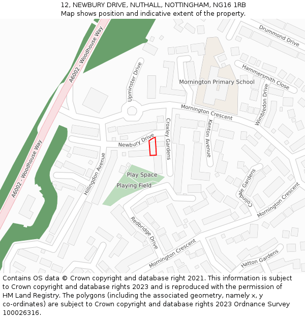 12, NEWBURY DRIVE, NUTHALL, NOTTINGHAM, NG16 1RB: Location map and indicative extent of plot