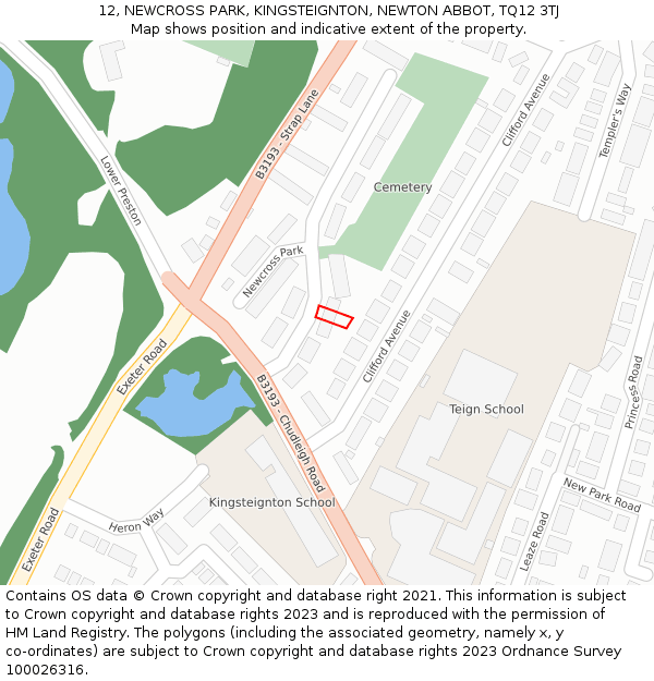 12, NEWCROSS PARK, KINGSTEIGNTON, NEWTON ABBOT, TQ12 3TJ: Location map and indicative extent of plot
