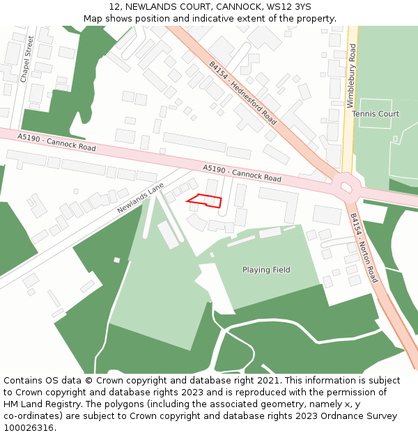 12, NEWLANDS COURT, CANNOCK, WS12 3YS: Location map and indicative extent of plot