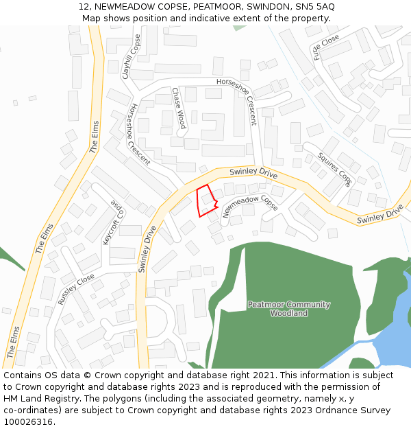 12, NEWMEADOW COPSE, PEATMOOR, SWINDON, SN5 5AQ: Location map and indicative extent of plot