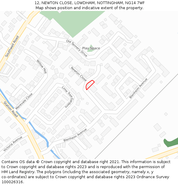 12, NEWTON CLOSE, LOWDHAM, NOTTINGHAM, NG14 7WF: Location map and indicative extent of plot