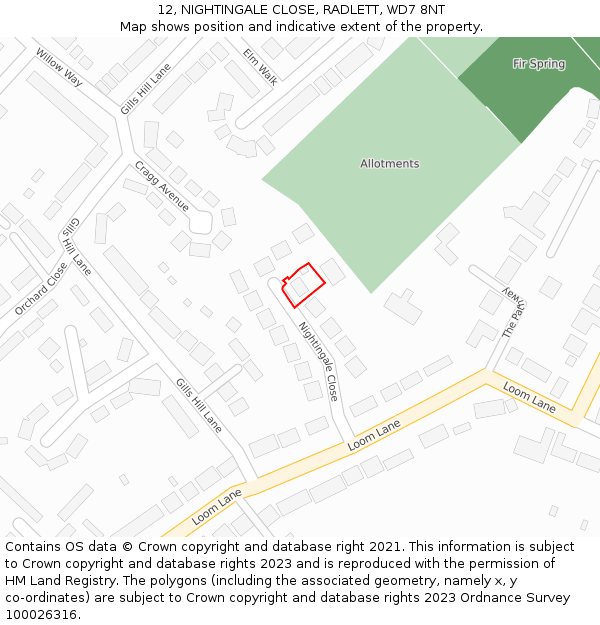 12, NIGHTINGALE CLOSE, RADLETT, WD7 8NT: Location map and indicative extent of plot