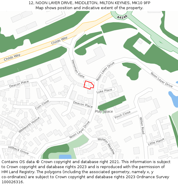 12, NOON LAYER DRIVE, MIDDLETON, MILTON KEYNES, MK10 9FP: Location map and indicative extent of plot