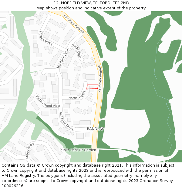 12, NORFIELD VIEW, TELFORD, TF3 2ND: Location map and indicative extent of plot