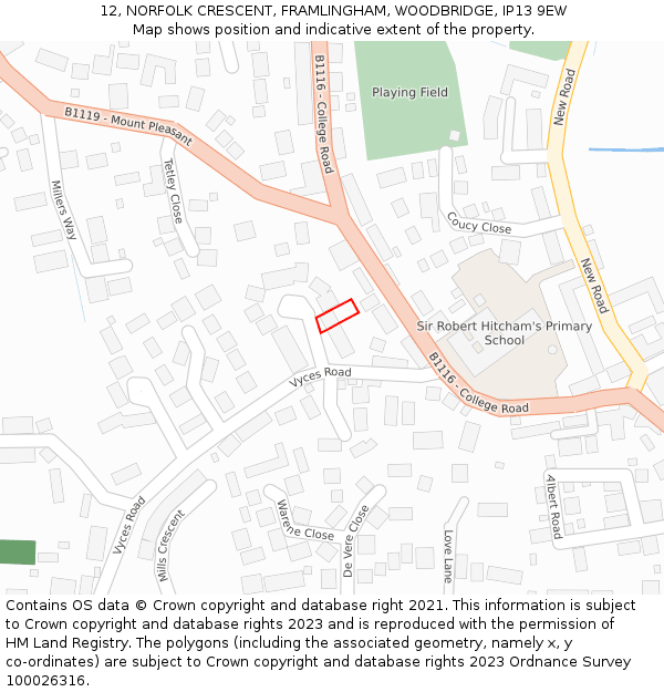 12, NORFOLK CRESCENT, FRAMLINGHAM, WOODBRIDGE, IP13 9EW: Location map and indicative extent of plot