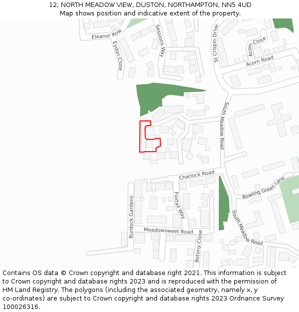 12, NORTH MEADOW VIEW, DUSTON, NORTHAMPTON, NN5 4UD: Location map and indicative extent of plot