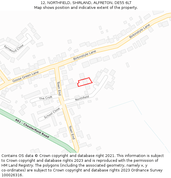 12, NORTHFIELD, SHIRLAND, ALFRETON, DE55 6LT: Location map and indicative extent of plot