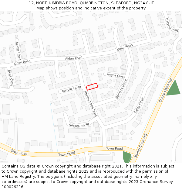 12, NORTHUMBRIA ROAD, QUARRINGTON, SLEAFORD, NG34 8UT: Location map and indicative extent of plot