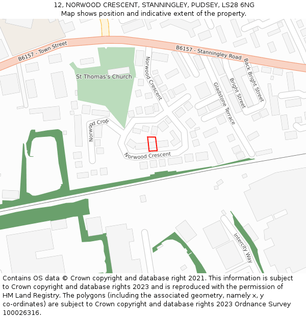 12, NORWOOD CRESCENT, STANNINGLEY, PUDSEY, LS28 6NG: Location map and indicative extent of plot