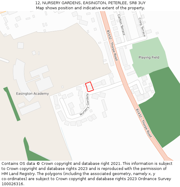 12, NURSERY GARDENS, EASINGTON, PETERLEE, SR8 3UY: Location map and indicative extent of plot