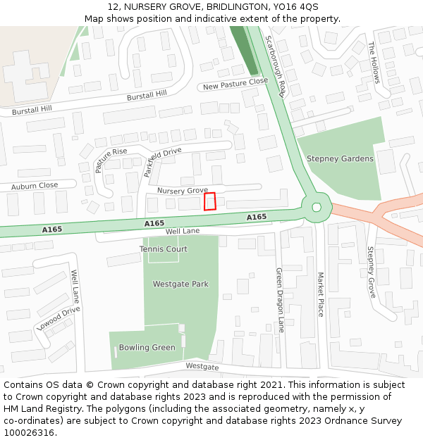 12, NURSERY GROVE, BRIDLINGTON, YO16 4QS: Location map and indicative extent of plot