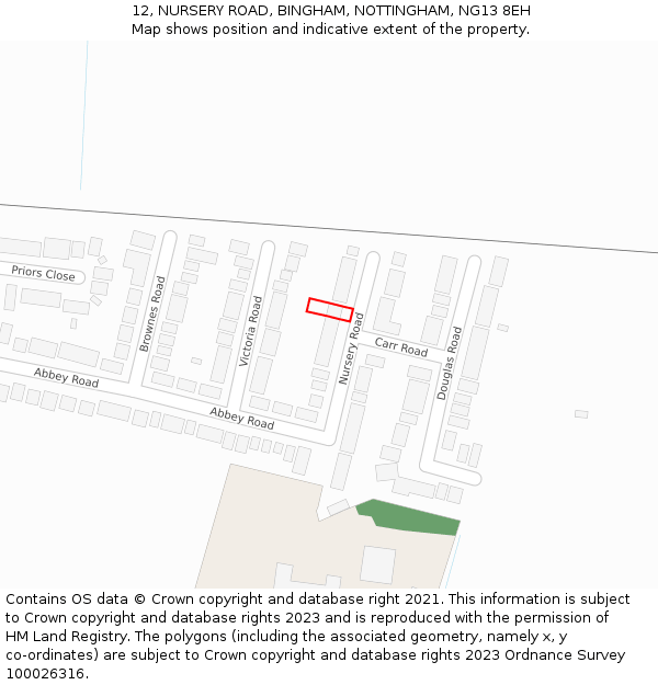 12, NURSERY ROAD, BINGHAM, NOTTINGHAM, NG13 8EH: Location map and indicative extent of plot